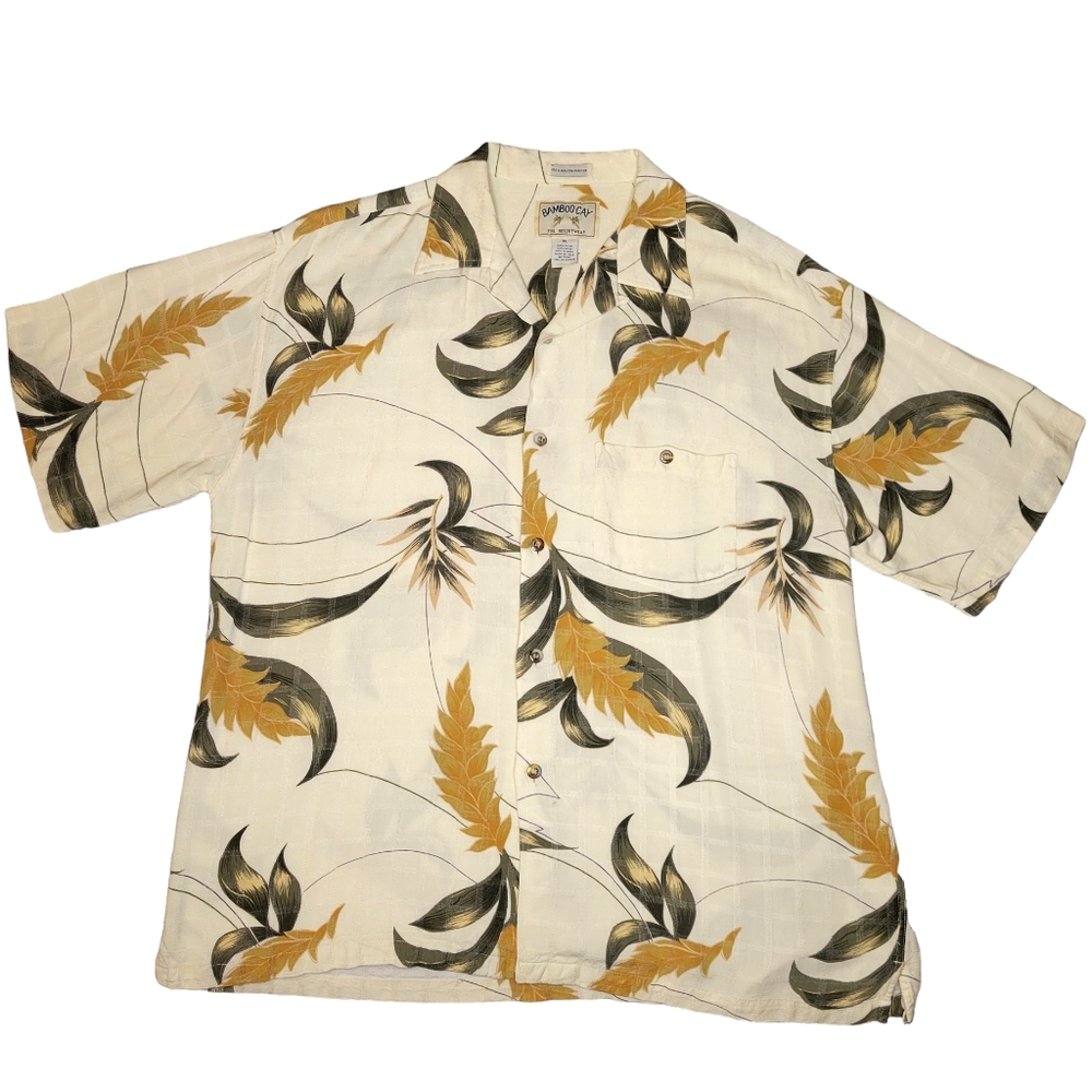 Bamboo Cay Men’s Hawaiian Shirt Size XL Cream Gold Button Down Short Sleeve EUC